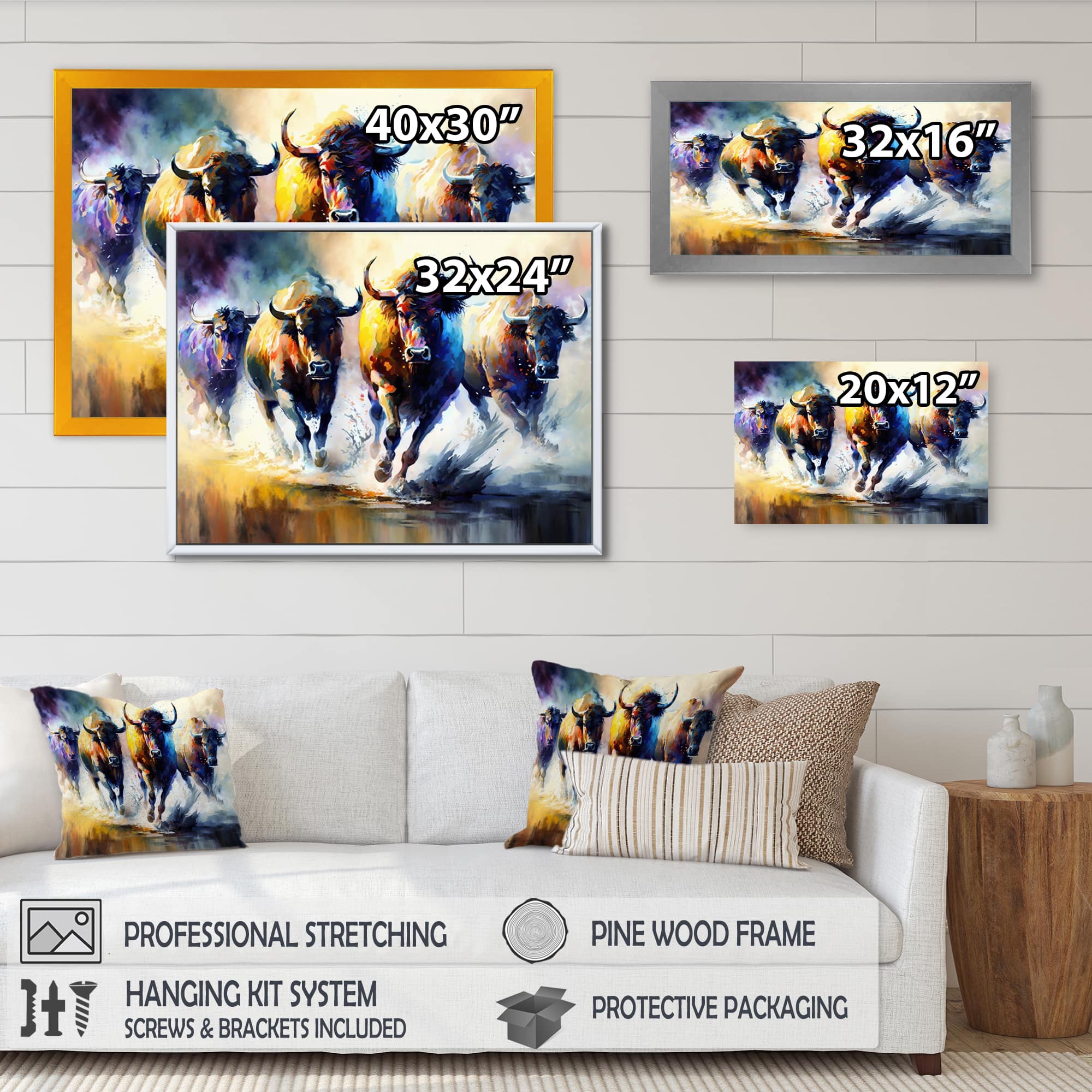 Designart 'Buffalo's Running' Animals Framed Canvas Wall Art
